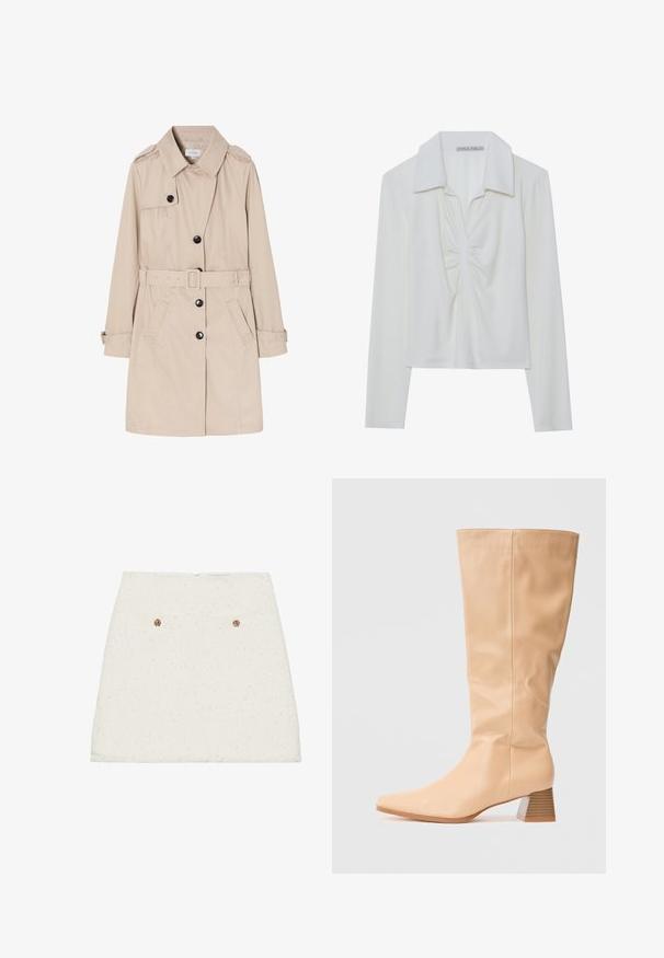 Trench beige hecho de tela ligera, con un frente de doble botonadura, botones negros, cinturón desmontable y bolsillos laterales.; Top blanco de manga larga con cuello, que presenta un detalle de fruncido en el centro y textura acanalada. Hecho de una tela suave y ligera.; Mini falda de tweed blanca con un acabado texturizado, que presenta dos bolsillos traseros y acentos de botones dorados. El dobladillo está ligeramente deshilachado.; Botas de caña alta beige, hechas de un material sintético suave, con punta cuadrada y un tacón ancho con rayas horizontales que aportan textura.