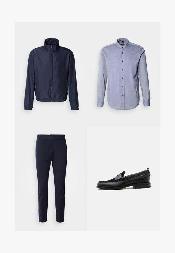 Marineblå letvægtsjakke med ståkrave, lynlås foran, elastiske manchetter og kant; glat tekstur, minimalistisk design.; Knappeskjorte i lyseblåt stof med ståkrave, lange ærmer og mørkeblå knapper. Blød tekstur med subtilt mønster.; BOSS SANDERSON - Bukser - dark blue; Sort læderloafer med grå remdetalje, lav hæl og tekstureret sål, mærket med "HUGO" i guld på siden.