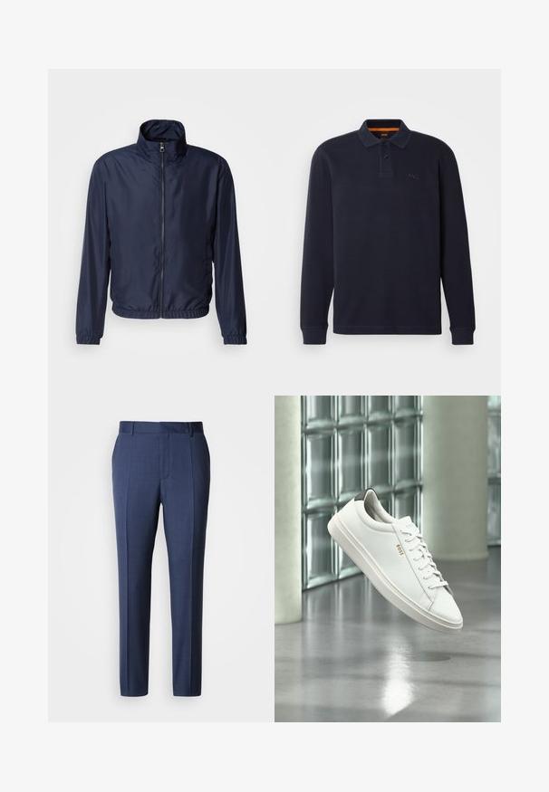 Chaqueta ligera azul marino con cuello alzado, cierre frontal de cremallera, puños elásticos y dobladillo; textura suave, diseño minimalista.; Polo de manga larga en color navy hecho de tejido texturizado con abertura en el cuello abotonada. Presenta un pequeño logo bordado en el pecho.; Pantalones entallados azul marino hechos de tela suave, con frente plano, trabillas para cinturón y pliegues prensados para un aspecto limpio.; Zapatilla deportiva de piel blanca de corte bajo con cordones, lengüeta negra en el talón y logo "BOSS", flotando en interiores cerca de una pared de bloques de vidrio y suelo pulido.