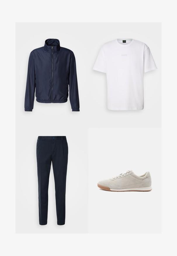 Chaqueta ligera azul marino con cuello alzado, cierre frontal de cremallera, puños elásticos y dobladillo; textura suave, diseño minimalista.; Camiseta de algodón blanca de manga corta, con escote redondo y logotipo grabado de "BOSS" en el pecho. Textura suave, ajuste estándar.; Pantalones azul marino hechos de una mezcla de algodón, con un corte recto, pliegues frontales y un cierre de botón en la cintura. Textura suave, sin patrones.; Zapatilla de ante beige claro con cordones blancos, suela de goma y detalles sutiles de costura, vista desde el lado izquierdo sobre un fondo blanco.