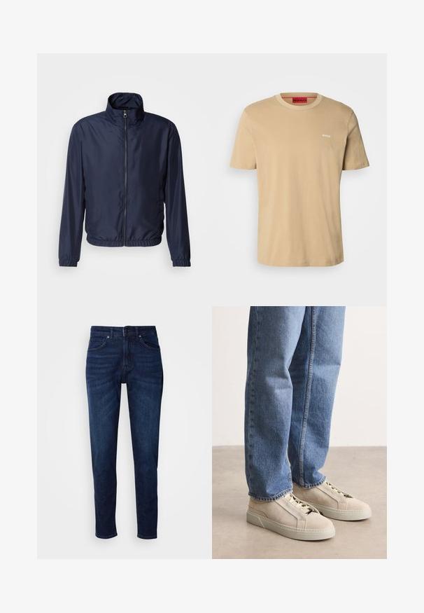 Marineblå letvægtsjakke med ståkrave, lynlås foran, elastiske manchetter og kant; glat tekstur, minimalistisk design.; Beige bomulds t-shirt med rund halsudskæring, korte ærmer og et lille hvidt "HUGO" logo på brystet. Glat tekstur uden mønstre.; Mørkeblå denimbukser med lige ben, der har lommer og knaplukning i taljen. Blød tekstur, minimal falming.; BOSS GARYTENN_SDHDEL - Sneakers - natural ten