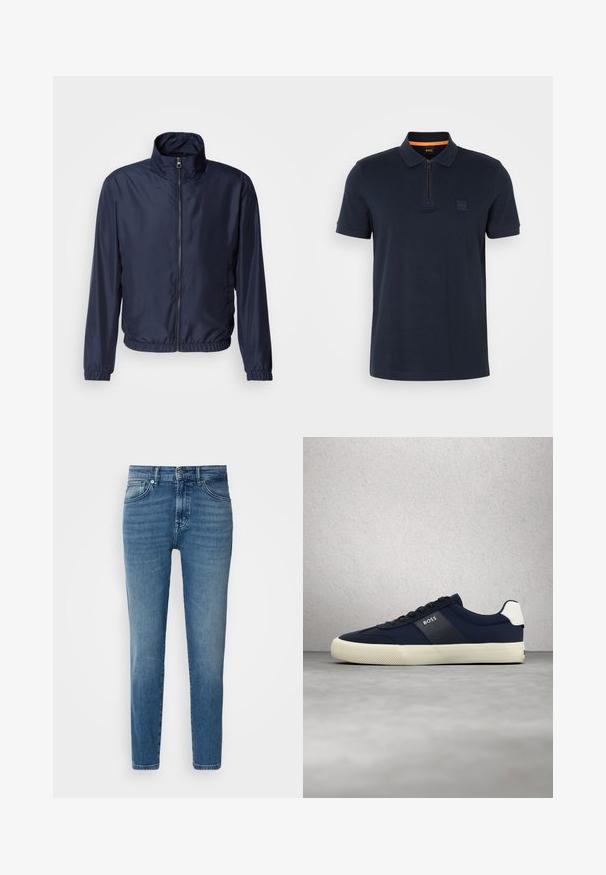Marineblaue leichte Jacke mit Stehkragen, Reißverschluss vorne, elastischen Bündchen und Saum; glatte Textur, minimalistisches Design.; Marineblaues Polohemd mit Reißverschlusskragen, ausgestattet mit einem kleinen Logopatch auf der Brust und kurzen Ärmeln. Material aus Baumwollmischung mit glatter Textur.; Helle blaue Denim-Jeans mit geradem Schnitt, traditionellem Fünf-Taschen-Design, Metallknopfverschluss und dezentem Verblassen an der Vorderseite.; Marineblaue BOSS-Sneaker mit weißer Sohle und Fersendetail, schwarzen Schnürsenkeln, schwebend vor einem Hintergrund aus grauem Boden und Glaswand.