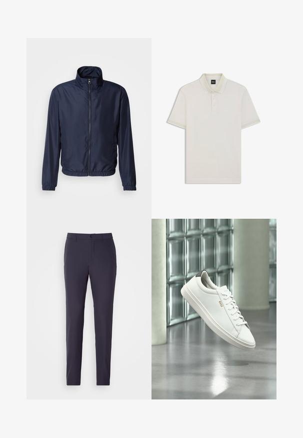 Marineblå letvægtsjakke med ståkrave, lynlås foran, elastiske manchetter og kant; glat tekstur, minimalistisk design.; BOSS H-PROUT - Poloshirts - off white; Marinebukser med lige snit, lavet af et glat stof. Har en knaplukning, sidelommer og et fladt frontdesign.; Hvid læder lav-top sneaker med snørebånd, sort hælflig og "BOSS"-logo, svævende indendørs nær glasblok væg og poleret gulv.