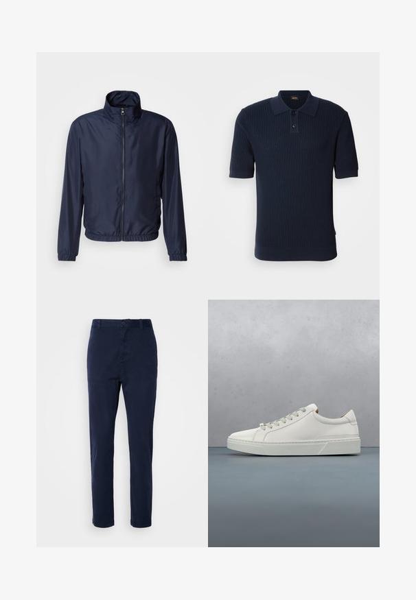 Marineblaue leichte Jacke mit Stehkragen, Reißverschluss vorne, elastischen Bündchen und Saum; glatte Textur, minimalistisches Design.; Dunkelblaues, geripptes Polohemd mit einer Knopfleiste mit zwei Knöpfen, kurzen Ärmeln und einem flachen Kragen. Der Stoff hat eine strukturierte Oberfläche und eine taillierte Silhouette.; Navyblaue Chinos aus leichtem Stoff, mit geradem Bein, Knopfverschluss und Seitentaschen. Glatte Textur ohne Muster.; Weißes Leder-Sneaker mit abgerundetem Zehenbereich, minimalistisches Design, graue Schnürsenkel und einer strukturierten grauen Gummisohle. Dezente Nähte sichtbar.