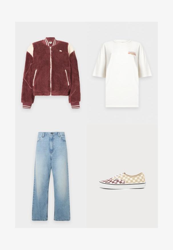 Veste bomber en polaire bordeaux avec accents blancs aux épaules, fermeture éclair devant, poches zippées, et poignets et col côtelés rayés.; T-shirt blanc à manches courtes, oversize, avec un petit logo "Billabong 1973" orange et marron situé sur le haut à gauche de la poitrine.; Jean large bleu clair en denim. Il présente une taille haute, une poche standard et une finition délavée. Coupe droite avec ourlets nets.; Baskets basses Vans avec motif damier marron et beige, lacets blancs et semelle blanche épaisse avec bordure noire.