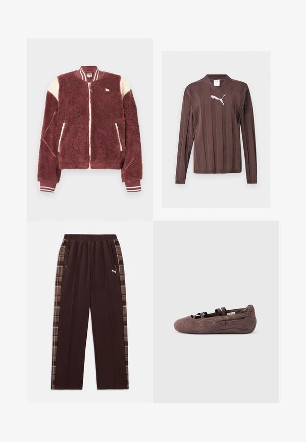Veste bomber en polaire bordeaux avec accents blancs aux épaules, fermeture éclair devant, poches zippées, et poignets et col côtelés rayés.; Pull marron à manches longues avec des rayures verticales texturées et un logo Puma blanc centré sur la poitrine sur un fond uni.; Pantalon de survêtement marron foncé avec taille élastique, poches latérales zippées, panneaux latéraux à carreaux et logo Puma blanc sur la jambe gauche.; Ballerine plate en suède marron avec des lanières élastiques et une semelle texturée, vue de profil sur un fond clair uni.