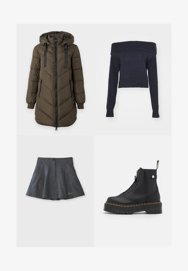 Pikk tumeroheline kapuutsiga tekiga jope, ees must tõmblukk ja küljetaskud, soonikkoes mansetid ja mustad kapuutsiköied.; Weekday LOLO OFF SHOULDER - Džemper - navy; Hallide hallhalli, mis on valmistatud tekstureeritud kangast, millel on vöökoha nupuga sulgemine, kahe küljetasku ja jõhvikusildiga diskreetne tikand himmel.; Mustad musta nahast pahklu saabas, millel on külgrihm, kollane õmblus ja paks, sooniline kummitald.