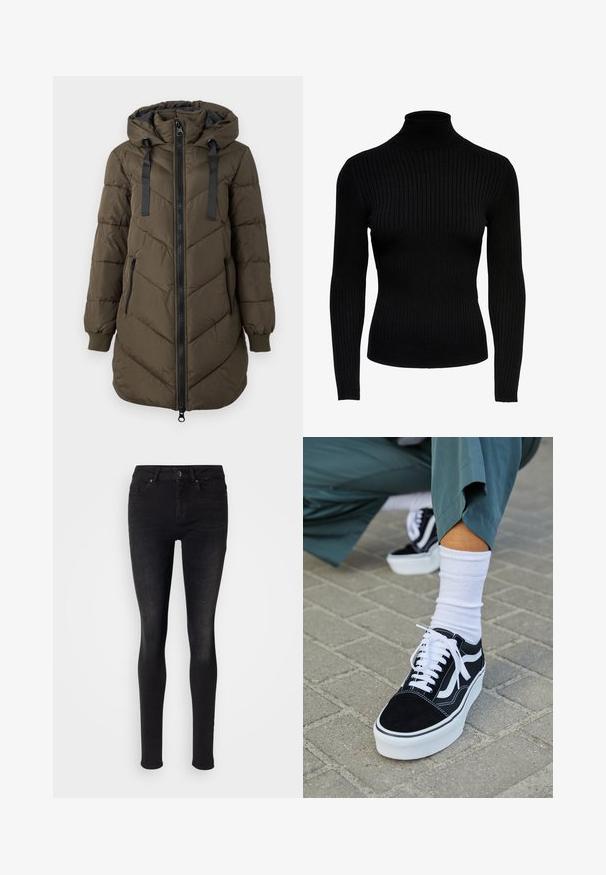 Pikk tumeroheline kapuutsiga tekiga jope, ees must tõmblukk ja küljetaskud, soonikkoes mansetid ja mustad kapuutsiköied.; Must mustriga turtleneck-sviiter, millel on pikad varrukad, sobiv disain ja sile tekstuur. Omab kõrget kaelust ja manšetiga varrukaid.; Mustad mustad teksased, klassikalise viie taskuga disainiga, esise nupu sulgemisega ja siledat, veidi kulunud tekstuuriga.; Mustjad sametist tennisjalanõud valgete aktsentide ja nööridega, millel on paks valge tald ja kontrastsed õmblused, koos valge sokiga.