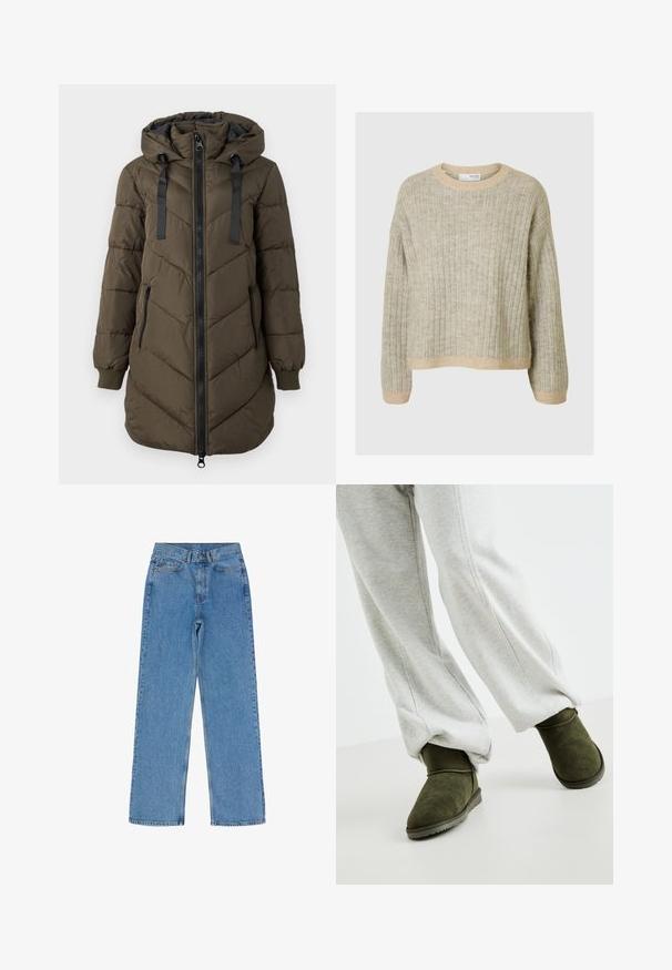 Langer olivgrüner gesteppter Mantel mit Kapuze, schwarzem Frontreißverschluss und Seitentaschen, gerippten Bündchen und schwarzen Kapuzenkordeln.; Beige und hellgrauer gerippter Strickpullover mit langen Ärmeln, Rundhalsausschnitt und einem leicht cropped Schnitt.; Hellblauweite Beinhosen aus Denim-Stoff mit hoher Taille, fünf Taschen und beschlägen in Kupferoptik sowie subtilen Wischdetails.; Grüne Wildleder-Ankle Boots mit einer runden Zehenpartie und einer niedrigen Gummisohle, kombiniert mit grauen Sweatpants, die einen lockeren Schnitt und elastische Bündchen aufweisen.