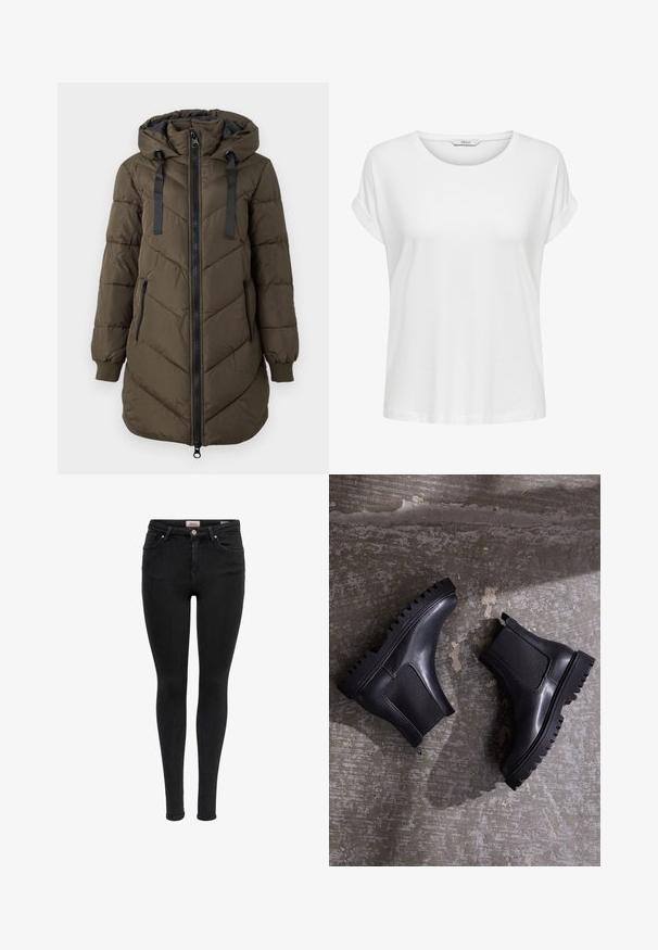 Abrigo largo acolchado de color verde oliva con capucha, cremallera negra en el delantero y bolsillos laterales, puños acanalados y cordones negros en la capucha.; Camiseta blanca de manga corta hecha de algodón suave. Presenta un cuello redondo y puños enrollados. Diseño simple sin patrones ni acentos.; Vaqueros ajustados negros con bolsillos frontales, pasadores para cinturón y cierre de botón, exhibidos sobre un fondo blanco.; Botines negros con suela gruesa, paneles elásticos y un acabado de cuero liso. Suela acanalada notable y silueta elegante.