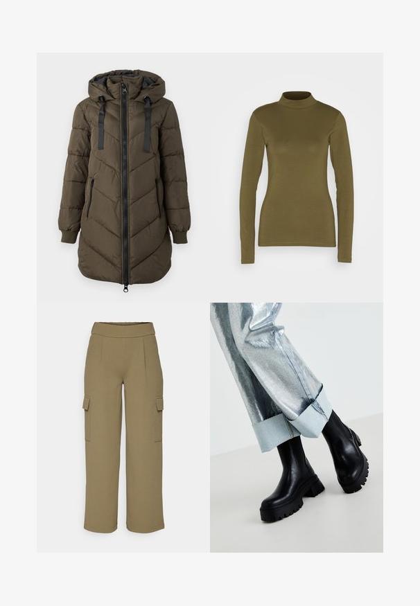 Abrigo largo acolchado de color verde oliva con capucha, cremallera negra en el delantero y bolsillos laterales, puños acanalados y cordones negros en la capucha.; JDY Camiseta de manga larga - kalamata; Pantalones cargo de pierna ancha en verde oliva con cinturilla elástica, que cuentan con bolsillos laterales y una tela suave y texturada.; Botas de tobillo negras y robustas con suelas texturizadas, llevadas con pantalones metálicos plateados que tienen un dobladillo de mezclilla ligera. Diseño minimalista, materiales elegantes.