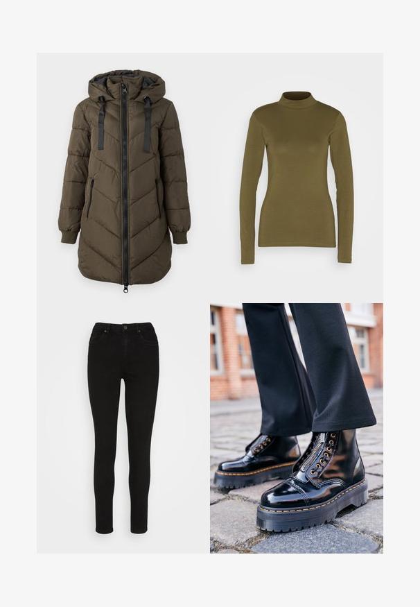 Lange olijfgroene gewatteerde jas met capuchon, zwarte ritssluiting aan de voorkant en zijzakken, geribbelde manchetten en zwarte koordjes aan de capuchon.; JDY Longsleeve - kalamata; Vero Moda VMLUNA SOPHIA - Jeans Skinny Fit - black denim; Zwarte gepatenteerde leren enkellaarsjes met een dikke rubberen zool, zijrits, gouden oogjes en contrasterende gele stiksels.