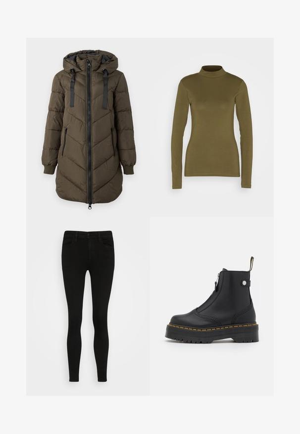 Lang olivengrøn polstret jakke med hætte, sort lynlås foran og sidelommer, ribstrikkede manchetter og sorte snore i hætten.; JDY Langærmet T-shirt - kalamata; Svarte skinny jeans med en glat denimtekstur, fem lommer, knaplukning foran og bæltesløjfer. Tæt siddende design hele vejen igennem.; Sort ankelstøvle lavet af glat læder, med en lynlås i siden, gul syning og en tyk, rillet gummisål.