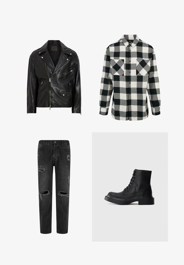 Schwarze Leder-Motorradjacke mit silbernen Reißverschlüssen, Druckknöpfen und mehreren Taschen. Verfügt über einen breiten Kragen und eine taillierte Passform.; Schwarz-weiße Flanellhemd mit großem Karomuster, langen Ärmeln, Knopfleiste und zwei Brusttaschen. Aus weichem Stoff gefertigt.; Schwarze Jeans aus Denim mit lockerer Passform, die abged distressed Details und mehrere gerissene Stellen aufweisen. Fünf-Taschen-Design mit Knopfverschluss.; Schwarze Leder-Ankle-Boots mit runder Zehenform, Schnürdesign und dicker gerippter Sohle. Glatte Textur mit minimaler Naht und ohne sichtbare Akzente.