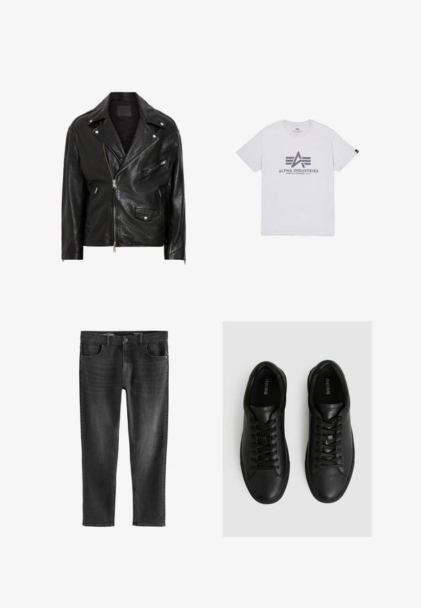 Schwarze Leder-Motorradjacke mit silbernen Reißverschlüssen, Druckknöpfen und mehreren Taschen. Verfügt über einen breiten Kragen und eine taillierte Passform.; Weißes T-Shirt mit kurzen Ärmeln, grauem Alpha Industries-Logo und dem Text „KNOXVILLE, TENNESSEE, U.S.A.“ zentriert auf der Vorderseite.; Schwarze Slim-Fit-Jeans aus Denim mit klassischem Design, ausgestattet mit fünf Taschen, einem Reißverschluss und dezentem Verblassen für Textur.; Schwarze Ledersneaker mit glatter Oberfläche, runder Zehenpartie, sechslöcherigem Schnürdesign und flacher Gummisohle.