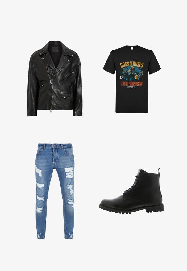 Schwarze Leder-Motorradjacke mit silbernen Reißverschlüssen, Druckknöpfen und mehreren Taschen. Verfügt über einen breiten Kragen und eine taillierte Passform.; Schwarzes Baumwoll-T-Shirt mit einem bunten Grafikdruck von Bandmitgliedern und dem Text „Guns N' Roses Appetite for Destruction 1987 Tour.“; Schmale blaue Denim-Jeans mit distressed Details, die mehrere Risse und ausgefranste Kanten aufweisen, fünf Taschen und einen Knopfverschluss vorne haben.; Schwarze Leder-Ankle-Boots mit runder Zehenform, Schnürung vorne, robustem Außensohle und einer Schlaufe auf der Rückseite für einfaches An- und Ausziehen.