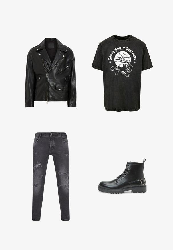 Schwarze Leder-Motorradjacke mit silbernen Reißverschlüssen, Druckknöpfen und mehreren Taschen. Verfügt über einen breiten Kragen und eine taillierte Passform.; Schwarzes Baumwoll-T-Shirt mit kurzen Ärmeln, das eine Grafik eines Panthers und den Text „South Philly Panthers“ mit einem Baseball-Design zeigt.; Schwarze Denim-Jeans mit Slim Fit, die gerissene Details, einen verblassten Textur und ein klassisches Fünf-Taschen-Design aufweisen. Knopfverschluss an der Taille.; Schwarzer Lederkampfstiefel mit Schnürsenkeln, Metallösen, robustem Sohlen, einer Schlaufe am Absatz und einem dekorativen Schnallenriemen an der Seite.