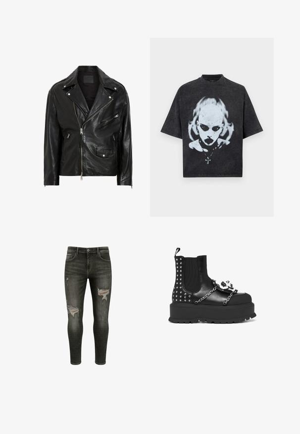 Schwarze Leder-Motorradjacke mit silbernen Reißverschlüssen, Druckknöpfen und mehreren Taschen. Verfügt über einen breiten Kragen und eine taillierte Passform.; Schwarzes Oversized-T-Shirt mit einem weißen Motiv eines glatzköpfigen Menschen mit dunklen Augen, Lippenstift, Piercings und einer Halskette mit Kreuzanhänger.; Schwarze enge Jeans mit Rissen an den Oberschenkeln, mittlerer Waschung, klassisches Fünf-Taschen-Design und Metallknopfverschluss.; Schwarze Plattformstiefel mit silbernen Nieten, Kettendetails und einer weißen Totenkopfdekoration auf der Vorderseite.