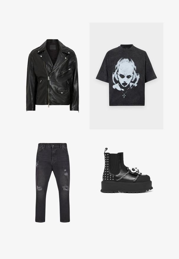 Schwarze Leder-Motorradjacke mit silbernen Reißverschlüssen, Druckknöpfen und mehreren Taschen. Verfügt über einen breiten Kragen und eine taillierte Passform.; Schwarzes Oversized-T-Shirt mit einem weißen Motiv eines glatzköpfigen Menschen mit dunklen Augen, Lippenstift, Piercings und einer Halskette mit Kreuzanhänger.; Schwarze Jeans aus Denim mit lockerer Passform, die an den Oberschenkeln Verwaschungen aufweisen, leicht ausgebleicht sind und ein klassisches fünf Taschen-Design haben.; Schwarze Plattformstiefel mit silbernen Nieten, Kettendetails und einer weißen Totenkopfdekoration auf der Vorderseite.
