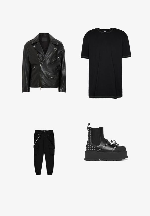 Schwarze Leder-Motorradjacke mit silbernen Reißverschlüssen, Druckknöpfen und mehreren Taschen. Verfügt über einen breiten Kragen und eine taillierte Passform.; Schwarzes Baumwoll-T-Shirt mit kurzen Ärmeln, rundem Ausschnitt und kontrastierenden grünen Nähten entlang des Kragens und Saums. Einfaches und schmuckloses Design.; Schwarze Cargo-Hose aus leichtem Stoff, mit zwei Seitentaschen, einem elastischen Bund und verstellbaren Beinabschlüssen.; Schwarze Plattformstiefel mit silbernen Nieten, Kettendetails und einer weißen Totenkopfdekoration auf der Vorderseite.