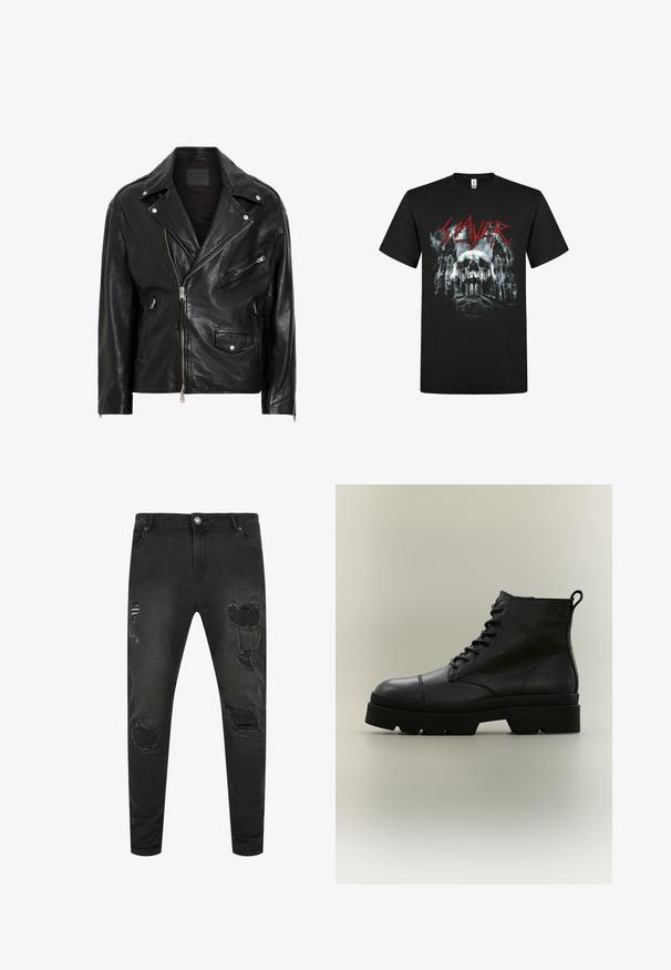 Zwarte leren motorjack met zilveren ritsen, drukknoopsluitingen en meerdere zakken. Het heeft een brede kraag en een getailleerde snit.; Zwart T-shirt met rode "Slayer" tekst, met een gotisch ontwerp met een schedel, kathedraal torens en een pentagram symbool.; Zwarte denim jeans met een slim fit, met verouderde details, scheuren en vervaagde delen. Standaard vijf-pocket ontwerp met metalen knoopsluiting.; Zwart gestructureerde leren veterlaars met dikke zool en treklus aan de achterkant, zijaanzicht op een neutrale achtergrond.