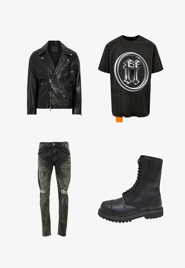 Sort lædermotorcykeljakke med sølvfarvede lynlåse, trykknapper og flere lommer. Har en bred krave og en tætsiddende pasform.; Forgotten Faces RADIANT LOGO ACID - T-shirts print - black; Slim-fit, slidset sorte jeans lavet af denim med slidte knælapper. Har standardlommer og en knaplukning.; Sort læder kampstøvle med høj skaft, snørebånd foran, polstret krave og en robust tekstureret sål for godt greb. Har forstærket tåhætte.