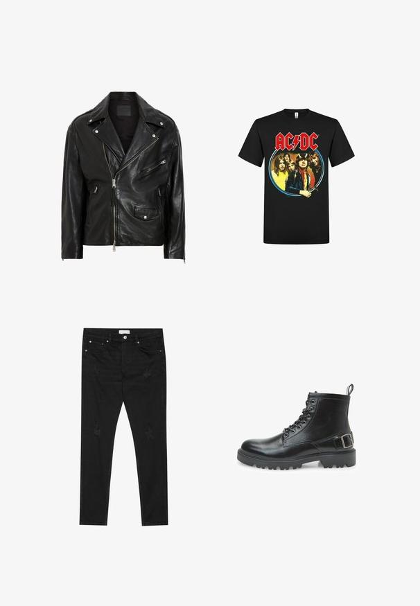 Zwarte leren motorjack met zilveren ritsen, drukknoopsluitingen en meerdere zakken. Het heeft een brede kraag en een getailleerde snit.; rockshirts AC/DC HIGHWAY TO HELL NORTH AMERICA TOUR - T-shirt print - black; Zwarte slim-fit jeans met subtiele vervaagde patches, metalen knoop, voorkezen en een Pier One-label op de tailleband.; Zwarte leren combatboot met veters, metalen oogjes, robuuste zool, trekband aan de hiel en een decoratieve gesp op de zijkant.