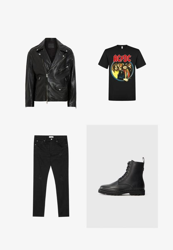 Sort lædermotorcykeljakke med sølvfarvede lynlåse, trykknapper og flere lommer. Har en bred krave og en tætsiddende pasform.; rockshirts AC/DC HIGHWAY TO HELL NORTH AMERICA TOUR - T-shirts print - black; Sorte slim-fit jeans med subtile slidte pletter, metalknap, forlommer og et Pier One-mærke i taljen.; Sort læder ankelstøvle med rund tå, snøredesign og metaløjer. Har en tekstureret sål og en pull-tab ved hælen for nem påtagning.