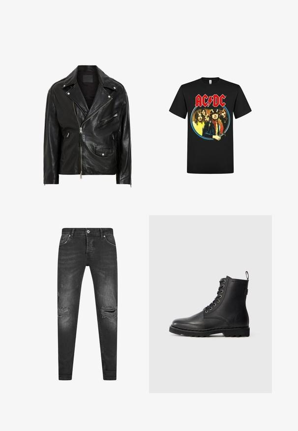 Schwarze Leder-Motorradjacke mit silbernen Reißverschlüssen, Druckknöpfen und mehreren Taschen. Verfügt über einen breiten Kragen und eine taillierte Passform.; rockshirts AC/DC HIGHWAY TO HELL NORTH AMERICA TOUR - T-Shirt print - black; Schwarze Denim-Jeans mit schmaler Passform, versehen mit ausgefransten Rissen an den Knien, klassischem Fünf-Taschen-Design und einem Reißverschluss mit Knopfverschluss.; Schwarze Lederstiefelette mit runder Zehenform, Schnürdesign und Metallösen. Verfügt über eine strukturierte Sohle und einen Zuglasche an der Ferse für einfachen Einstieg.