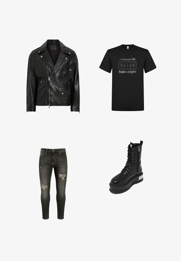 Zwarte leren motorjack met zilveren ritsen, drukknoopsluitingen en meerdere zakken. Het heeft een brede kraag en een getailleerde snit.; Zwarte katoenen t-shirt met een graphic op de voorkant met de tekst "self destruct 1994," "NIN," en "halo eight" in verschillende tinten grijs.; Zwarte skinny jeans met gescheurde details op de bovenbenen, middelmatige wassing, klassiek vijf-pocket ontwerp en sluiting met metalen knoop.; Zwarte faux leren gevechtslaars met een chunky platform, voorzien van een vetersluiting, ritssluiting en een metallic accent op de hak.