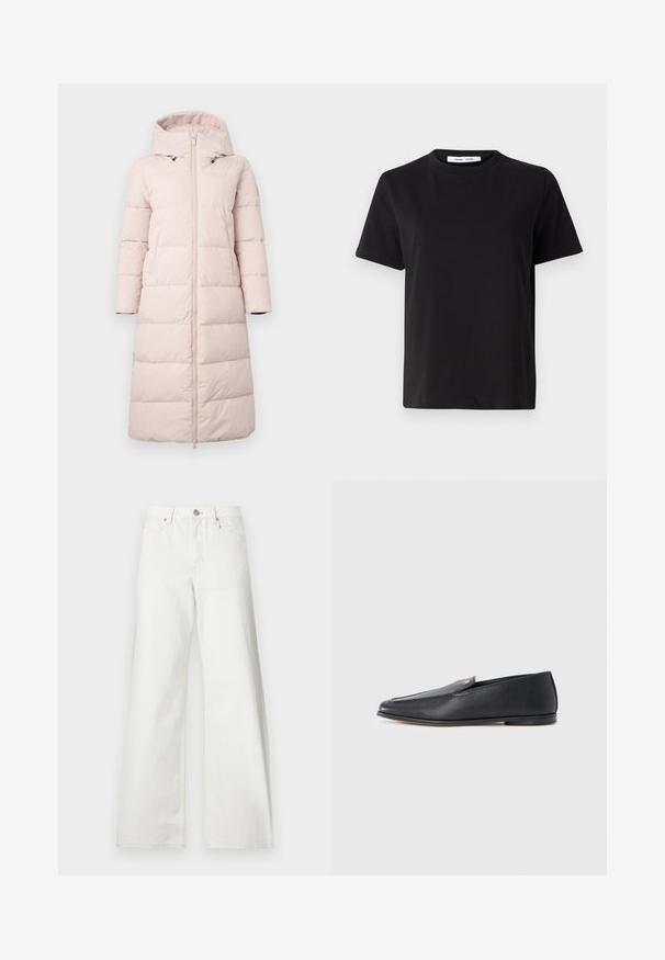 Manteau rembourré rose clair avec capuche, présentant une fermeture éclair à l'avant, des manches longues et un motif matelassé horizontal. Inclut des poches latérales.; T-shirt noir à manches courtes en coton doux, avec un col rond, une coupe décontractée et une texture lisse. Pas de motifs ni de graphiques visibles.; Jean blanc taille haute à jambes larges, fermeture à boutons devant, passants de ceinture et poches avant sur fond uni.; Mocassins en cuir noir à texture lisse, bout arrondi et détails de couture subtils. Ils présentent un accent logo doré sur le côté supérieur.