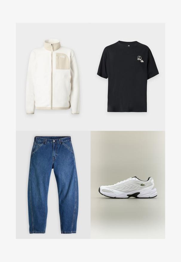 Witte fleece jas met een beige ritszak, hoge kraag en een subtiel logo op de borst. Glad textuur met een moderne snit.; Zwart katoenen T-shirt met een losse pasvorm, korte mouwen en een klein, contrasterend grafisch logo op de linkerborst. Klassiek rond halsontwerp.; Blauwe spijkerbroek met een ontspannen pasvorm, voorzien van een knoopsluiting, vijf zakken en contrasterende oranje stiksels. Gladde textuur over het hele oppervlak.; Witte sportieve schoen met een textuur van gaas bovenwerk, gebogen ontwerp en contrasterende zwarte zool. Heeft een groen geborduurd logo aan de zijkant.