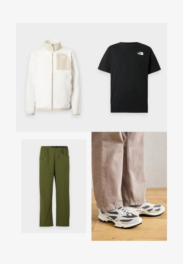 Hvid fleecejakke med en beige lynlås lomme, høj krave og et subtilt logo på brystet. Glat tekstur med et moderne snit.; Sort bomulds-T-shirt med korte ærmer, rund hals og hvidt logo på venstre bryst. Enkel, ubesmykket design.; Olivengrønne bukser med lige ben, elastisk talje og sort justerbart spændebælte, forlommer og sidelommer, detaljer med søm foran.; En person iført beige bredbukser og grå-hvide sportsko står på et trægulv.