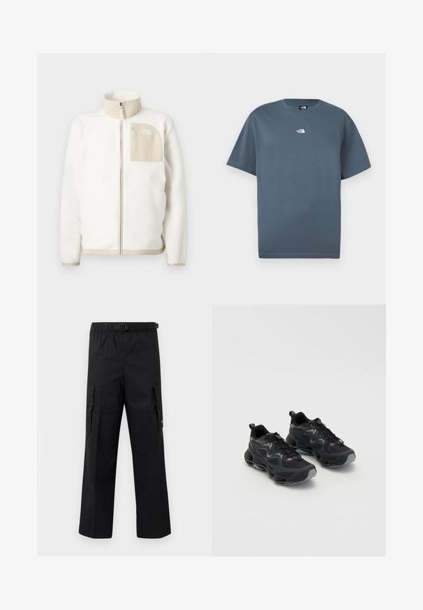 Witte fleece jas met een beige ritszak, hoge kraag en een subtiel logo op de borst. Glad textuur met een moderne snit.; Blauw T-shirt met korte mouwen en een ronde hals, met een klein wit "The North Face" logo in het midden van de borst.; Zwarte cargobroek met een wijde pasvorm, een verstelbare tailleband met een gesp en twee zijzakken voor opslag. Lichtgewicht stof.; Zwarte sportschoenen met een gestructureerde mesh bovenkant, voorzien van een chunky zool, vetersluiting en subtiele grijze accenten.
