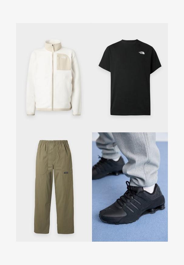 Witte fleece jas met een beige ritszak, hoge kraag en een subtiel logo op de borst. Glad textuur met een moderne snit.; Zwart t-shirt met korte mouwen gemaakt van katoen. Voorzien van een wit logo op de linkerborst. Eenvoudige snit met een ronde halslijn en minimale ontwerpdetails.; Olijfgroene broek met rechte pijpen, elastische tailleband, voorzakken met opgestikte zakken, knoopsluiting en Columbia-logo op de rechterzak.; Persoon in zwarte Nike Shox sneakers en een grijze joggingbroek staand op een lichtblauw tapijt.