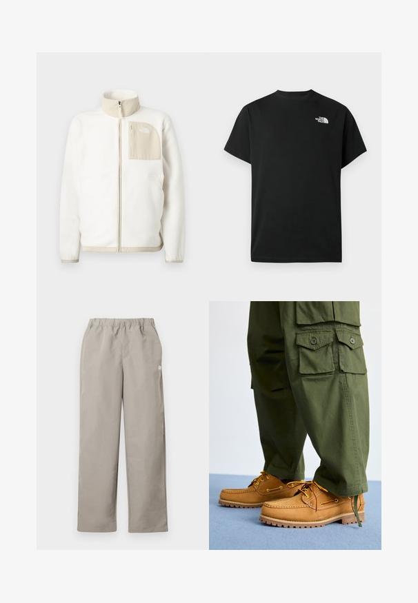 Hvid fleecejakke med en beige lynlås lomme, høj krave og et subtilt logo på brystet. Glat tekstur med et moderne snit.; Sort t-shirt med korte ærmer lavet af bomuld. Har en hvid logo på venstre bryst. Enkelt snit med rund halsudskæring og minimalt design.; Beige bukser med lige ben, elastisk talje og en lille hvid logo på højre sidesøm.; Timberland AUTHENTIC 3 EYE - Sejlersko - wheat