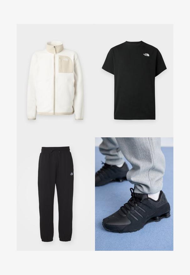 Hvid fleecejakke med en beige lynlås lomme, høj krave og et subtilt logo på brystet. Glat tekstur med et moderne snit.; Sort t-shirt med korte ærmer lavet af bomuld. Har en hvid logo på venstre bryst. Enkelt snit med rund halsudskæring og minimalt design.; Sorte sweatpants lavet af blødt stof, med en elastisk talje med snor, manchetter ved anklerne og et lille logo på det øverste lår.; Person iført sorte Nike Shox sneakers og grå joggingbukser, der står på lyseblåt tæppe.