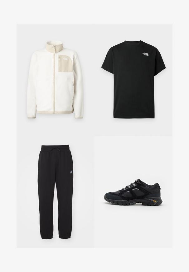 Hvid fleecejakke med en beige lynlås lomme, høj krave og et subtilt logo på brystet. Glat tekstur med et moderne snit.; Sort t-shirt med korte ærmer lavet af bomuld. Har en hvid logo på venstre bryst. Enkelt snit med rund halsudskæring og minimalt design.; Sorte sweatpants lavet af blødt stof, med en elastisk talje med snor, manchetter ved anklerne og et lille logo på det øverste lår.; Sort udendørs sko lavet af ruskind og mesh med en robust sål. Har grå accenter og Vibram-branding på siden. Snøredesign.