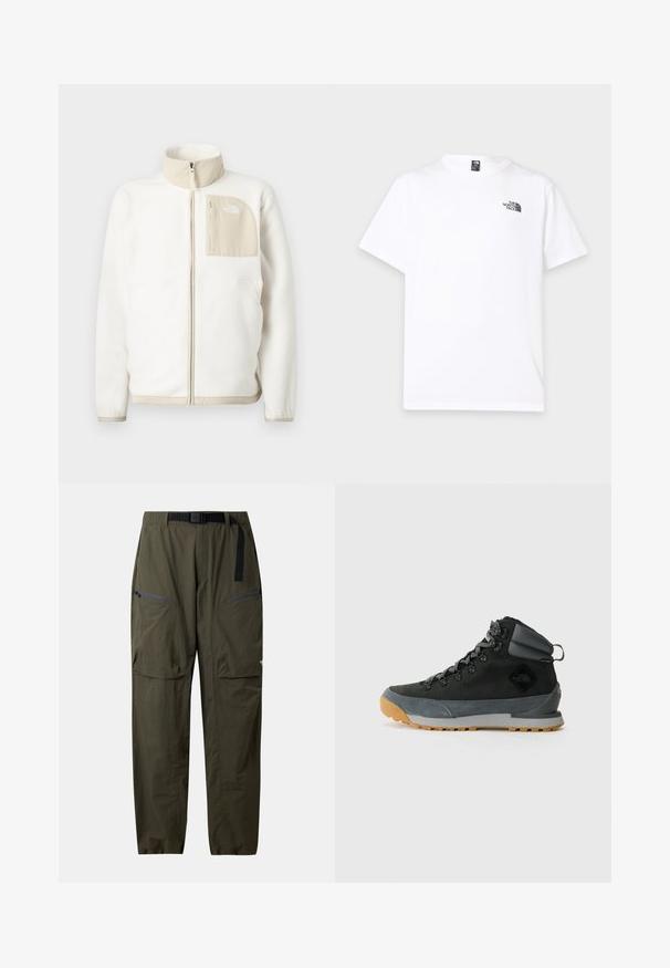 Hvid fleecejakke med en beige lynlås lomme, høj krave og et subtilt logo på brystet. Glat tekstur med et moderne snit.; Hvid T-shirt med korte ærmer, rund hals og lille sort The North Face-logo på venstre øverste bryst.; Oliven grønne, letvægts outdoorbukser med frontlynlåslommer og integreret sort justerbart bælte.; Sorte højtop støvler til vandring lavet af tekstureret ruskind og syntetiske materialer, med grå accenter, robust gummisåle og grå snørebånd.