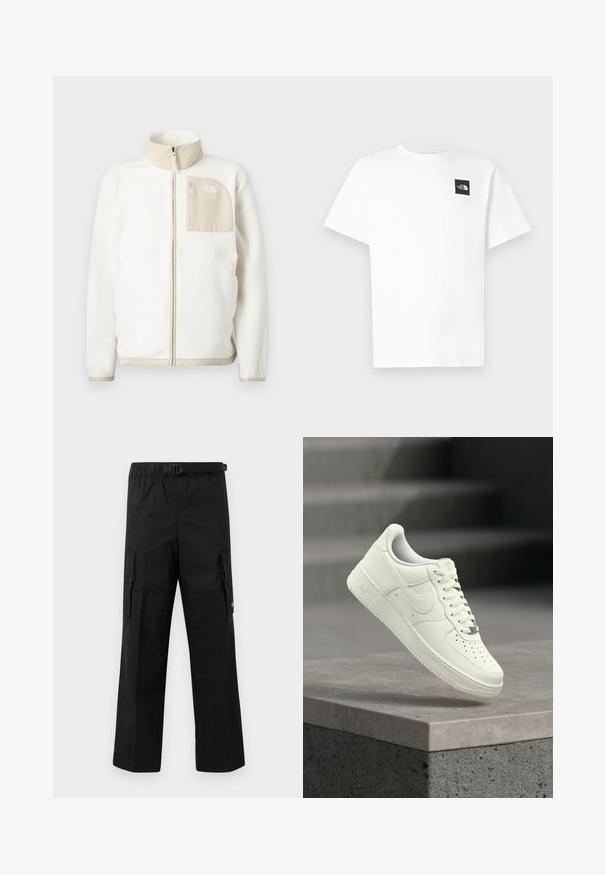 Witte fleece jas met een beige ritszak, hoge kraag en een subtiel logo op de borst. Glad textuur met een moderne snit.; Wit katoenen T-shirt met korte mouwen, voorzien van een zwart vierkant logo op de linkerborst en een ronde hals.; Zwarte cargobroek met een wijde pasvorm, een verstelbare tailleband met een gesp en twee zijzakken voor opslag. Lichtgewicht stof.; Witte leren sneaker met een laag profiel, een gestructureerd oppervlak, perforaties op de neus en zilverkleurige accenten op de veters en het logo.