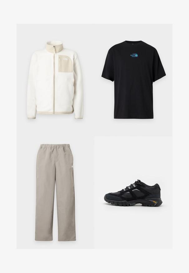Hvid fleecejakke med en beige lynlås lomme, høj krave og et subtilt logo på brystet. Glat tekstur med et moderne snit.; Sort bomuld T-shirt med rund halsudskæring og korte ærmer, med en turkis logo af "The North Face" på brystet.; Beige bukser med lige ben, elastisk talje og en lille hvid logo på højre sidesøm.; Sort udendørs sko lavet af ruskind og mesh med en robust sål. Har grå accenter og Vibram-branding på siden. Snøredesign.