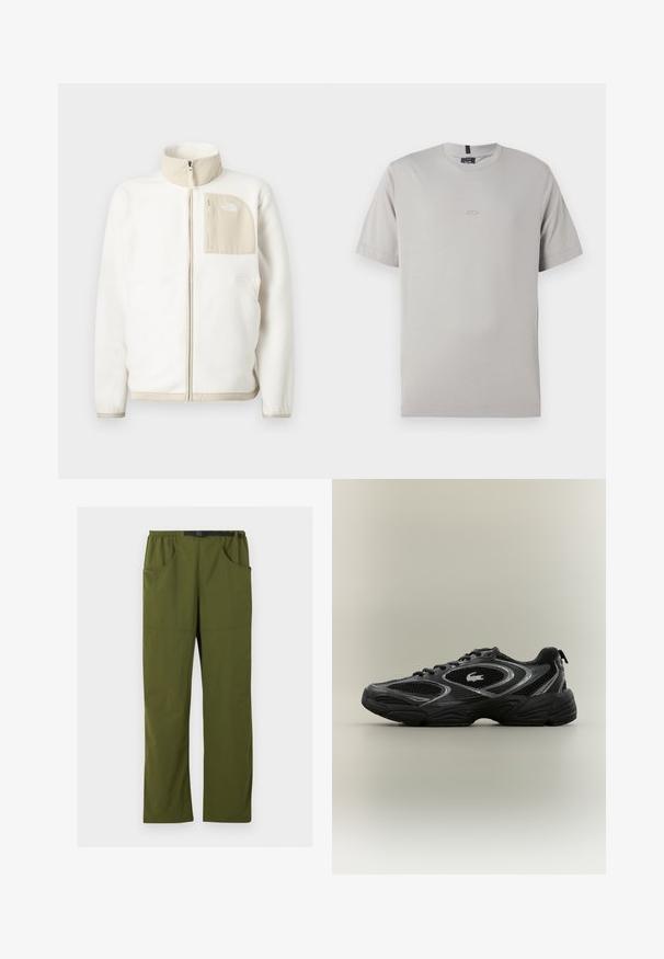 Hvid fleecejakke med en beige lynlås lomme, høj krave og et subtilt logo på brystet. Glat tekstur med et moderne snit.; Grå kortærmet t-shirt lavet af blødt bomuldsstof med et subtile logo foran. Klassisk crew neck-design og lige kant.; Olivengrønne bukser med lige ben, elastisk talje og sort justerbart spændebælte, forlommer og sidelommer, detaljer med søm foran.; Sort og grå atletisk sneaker med mesh-paneler, snørebåndsdesign, tyk sål og et lille krokodillelogo på siden.