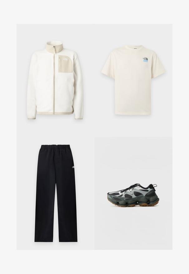 Witte fleece jas met een beige ritszak, hoge kraag en een subtiel logo op de borst. Glad textuur met een moderne snit.; Off-white T-shirt met korte mouwen, ronde hals en een klein zwartblauw The North Face-logo op de linkerborst.; Zwarte broek met rechte pijpen en elastische taille, met een klein wit logo op de bovenste rechterdij, plat uitgestald op een lichte achtergrond.; Zwarte en grijze sportschoenen met een bovenwerk van mesh, een sculptuurzool en een rubberen buitenzool. Voorzien van een veilig vetersysteem en een trekband aan de hiel.