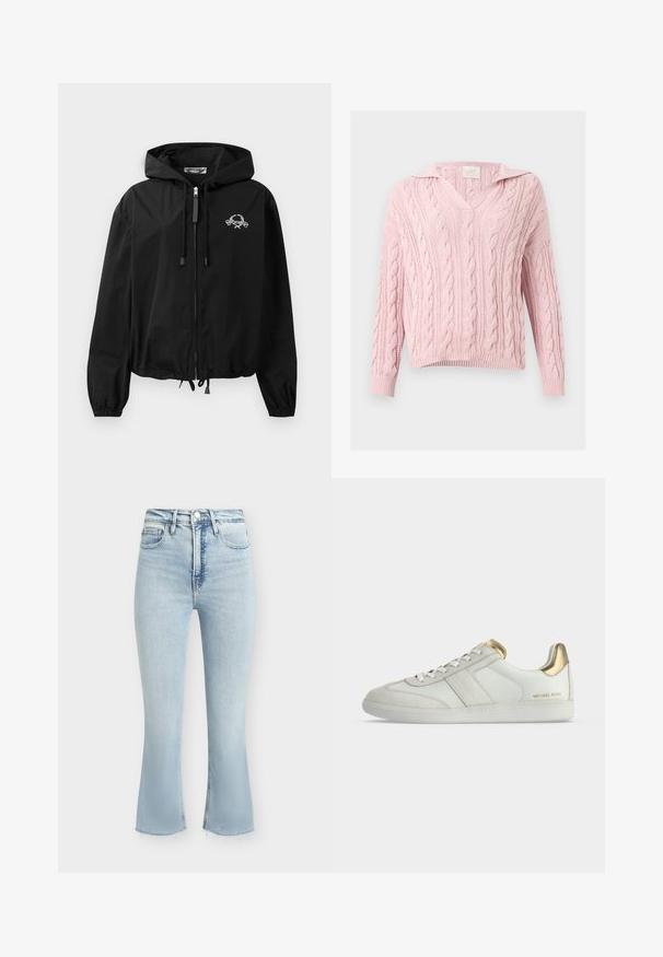 Veste coupe-vent noire avec capuche à cordon de serrage, poignets élastiques et fermeture éclair. Présente un logo graphique blanc sur la poitrine. Matériau léger.; Pull en maille torsadée rose clair à manches longues et col en V sur un fond gris clair uni.; Jean en denim bleu clair taille haute avec bouton et fermeture éclair à l'avant, cinq poches et jambes légèrement évasées et courtes avec ourlets bruts.; Baskets basses blanches avec des accents dorés au niveau du talon et de la languette, lacets blancs, panneaux latéraux texturés et marquage "Michael Kors" près de la semelle.