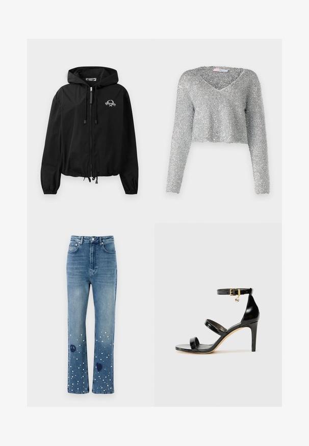 Sort vindjakke med snoretræk i hætten, elastiske manchetter og lynlås lukning. Har et hvidt grafisk logo på brystet. Letvægtsmateriale.; Sølv, cropped sweater med lange ærmer, lavet af et fuzzy, tekstureret materiale. Har en dyb V-halsudskæring. Skinnende og let udseende.; Blå denimjeans med høj talje, lige pasform, prydet med hvide perler samt freds- og hjerte-symboler nær kanten.; Sorte patenterede lædersandaler med tre stropper, ankelspænde og 10 cm stiletthæl. Har detaljer i guld og et logo charms.