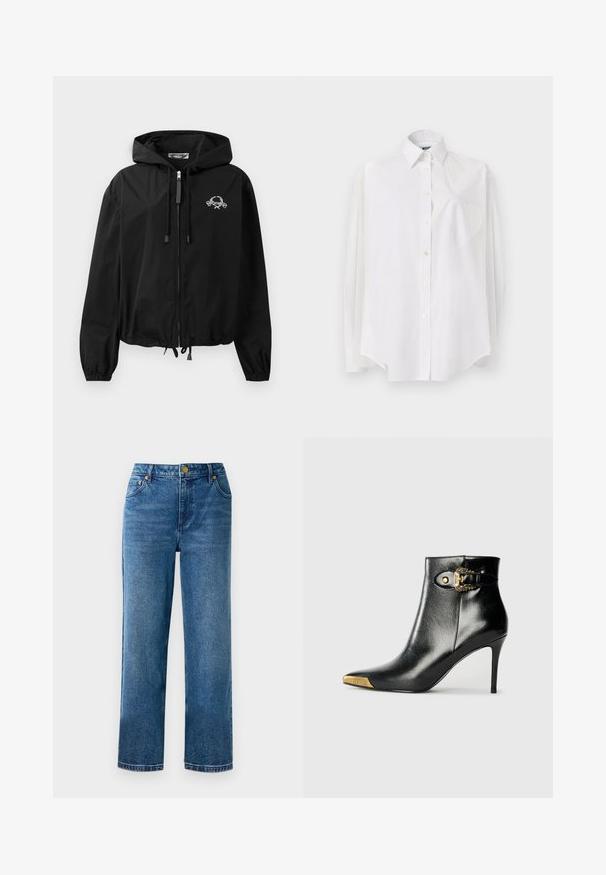 Chaqueta cortavientos negra con capucha ajustable, puños elásticos y cierre de cremallera. Presenta un logotipo gráfico blanco en el pecho. Material ligero.; Camisa blanca de manga larga en tejido ligero que presenta un cuello clásico, cierre de botones y un bolsillo en forma de corazón en el lado izquierdo.; Jeans de tiro alto azules con corte recto, fabricados en denim, que cuentan con cinco bolsillos y detalles en hardware dorado.; Botín negro hasta el tobillo fabricado en cuero brillante, con punta puntiaguda, tacón de aguja y detalles dorados con una hebilla decorativa.