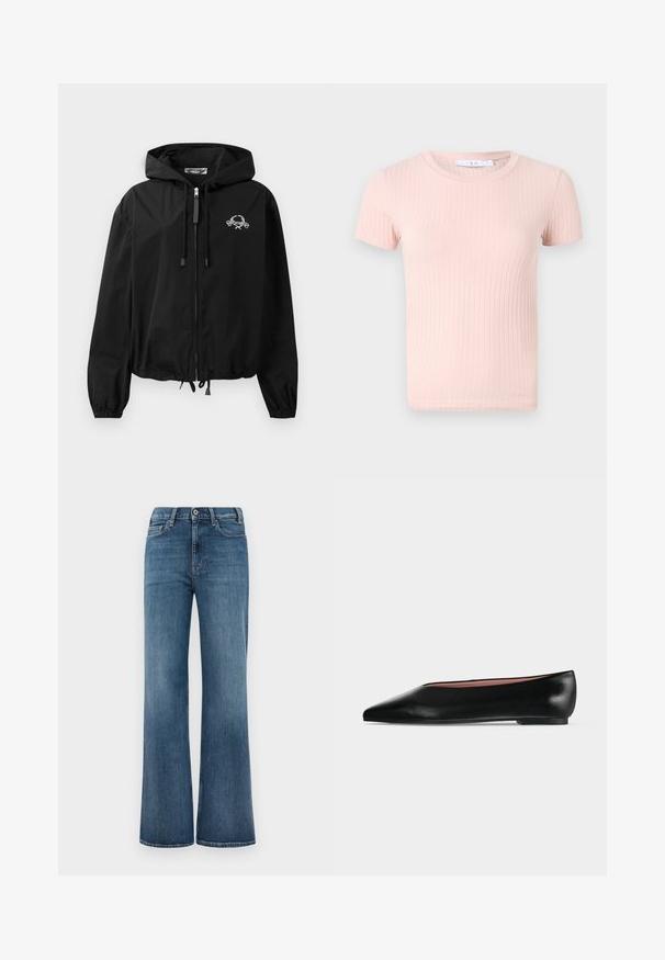Chaqueta cortavientos negra con capucha ajustable, puños elásticos y cierre de cremallera. Presenta un logotipo gráfico blanco en el pecho. Material ligero.; Camiseta de manga corta de rayas en rosa claro con cuello redondo, que presenta una textura suave y una forma ajustada.; Vaqueros de mezclilla azul con corte de pierna ancha, cierre de botón y cremallera, y bolsillos delanteros y traseros, exhibidos sobre un fondo blanco liso.; Zapato plano negro de cuero para mujer con punta puntiaguda y tacón bajo, mostrado de lado sobre un fondo liso gris claro.