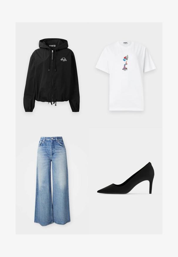 Must musta windbreaker jakk koos kapuutsiga, millel on elastsed varrukad ja lukuga sulgemine. Rinnal on valge graafiline logo. Kerge materjal.; Valge Moschino t-särk, millel on värvikas graafiline kujutis inimesest, kes teeb käsiseisu ja hoiab südant, maakera, rahusümbolit ning lilli.; Heledad teksast, mis on valmistatud helesinisest denimist. Neil on kõrge talje, viie tasku disain, kulunud pesu ning jahutatud äär.; Must kõrge kontsaga king, millel on terav nina, õhuke konts ja sile matt viimistlus, nähtav küljeprofiilis valgel taustal.
