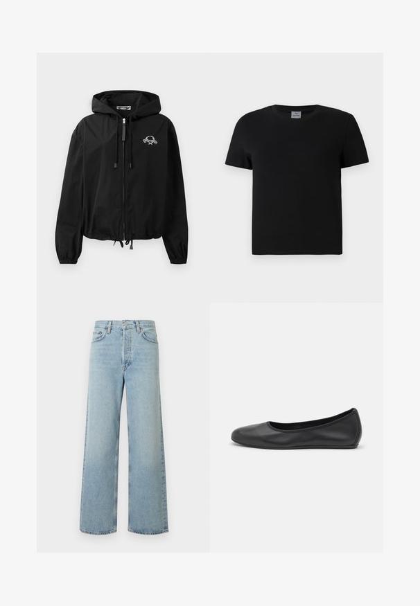 Schwarze Windjacke mit Kordelzugkapuze, elastischen Bündchen und Reißverschluss. Mit einem weißen Grafiklogo auf der Brust. Leichtes Material.; Schwarzes Baumwoll-T-Shirt mit Rundhalsausschnitt und kurzen Ärmeln. Einfaches Design, keine Muster oder Akzente, mit geradem Schnitt an der Taille.; Hellblaue Jeans mit weitem Bein aus Denim-Stoff mit hoher Taille. Verfügt über fünf Taschen, einen Knopfverschluss und eine dezente verwaschene Textur.; Schwarze Leder-Ballettschuhe mit abgerundeter Spitze, glatter Textur, minimalen Nähdetails und einem flexiblen Sohlen-Design.