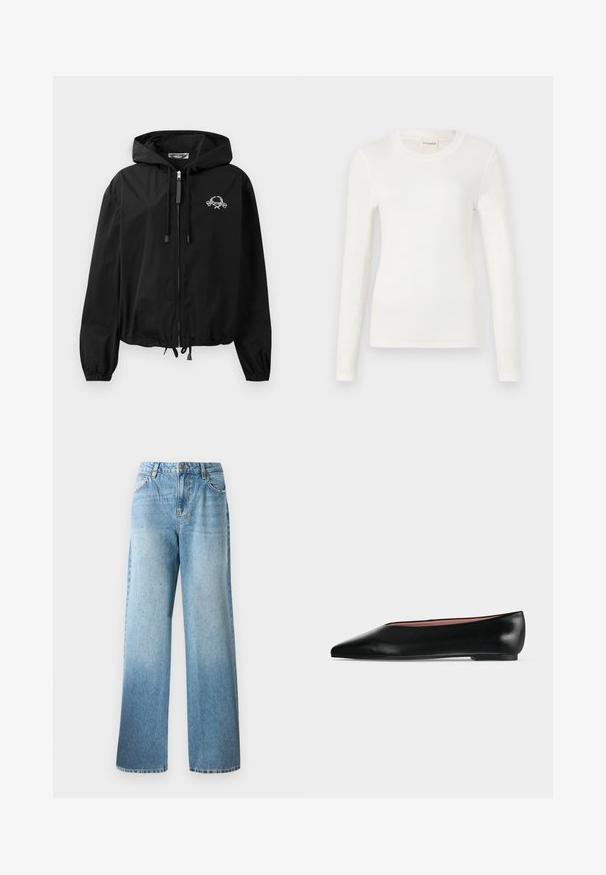 Schwarze Windjacke mit Kordelzugkapuze, elastischen Bündchen und Reißverschluss. Mit einem weißen Grafiklogo auf der Brust. Leichtes Material.; Langärmliges weißes T-Shirt aus weichem Stoff, mit Rundhalsausschnitt und figurnaher Silhouette. Minimalistisches Design ohne Muster oder Akzente.; Hellblaue Denim-Jeans mit lockerer Passform, geraden Beinen und dezenten Verzierungen. Verfügt über ein klassisches Fünf-Taschen-Design und Gürtelschlaufen.; Schwarzer flacher Damenleder-Schuh mit spitzer Kappe und niedrigem Absatz, von der Seite auf einfarbigem hellgrauem Hintergrund gezeigt.